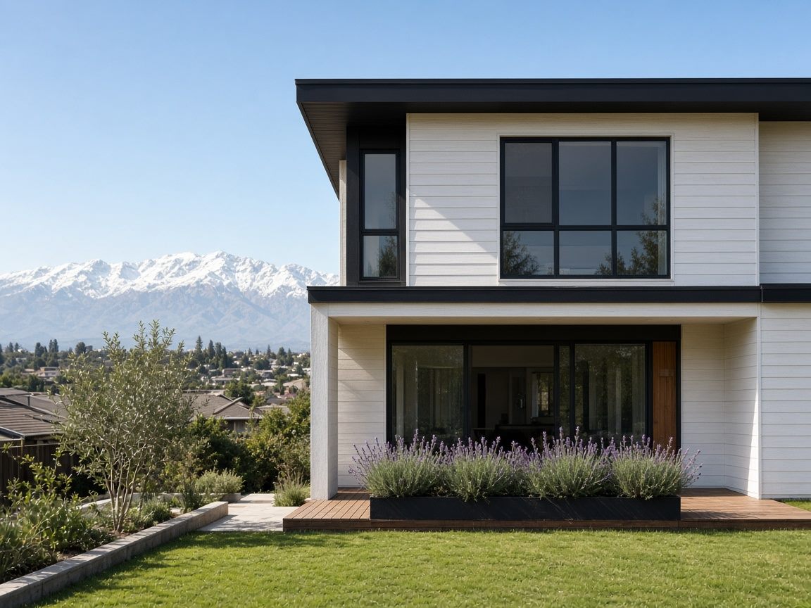 Vivienda moderna de revestimiento blanco frente a la cordillera de los Andes