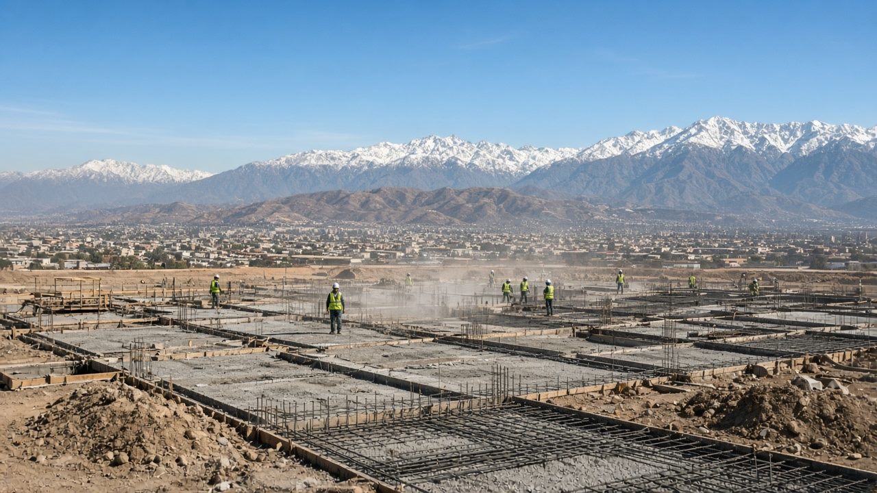 Faena de fundaciones en las afueras de Santiago, con trabajadores y la cordillera al fondo