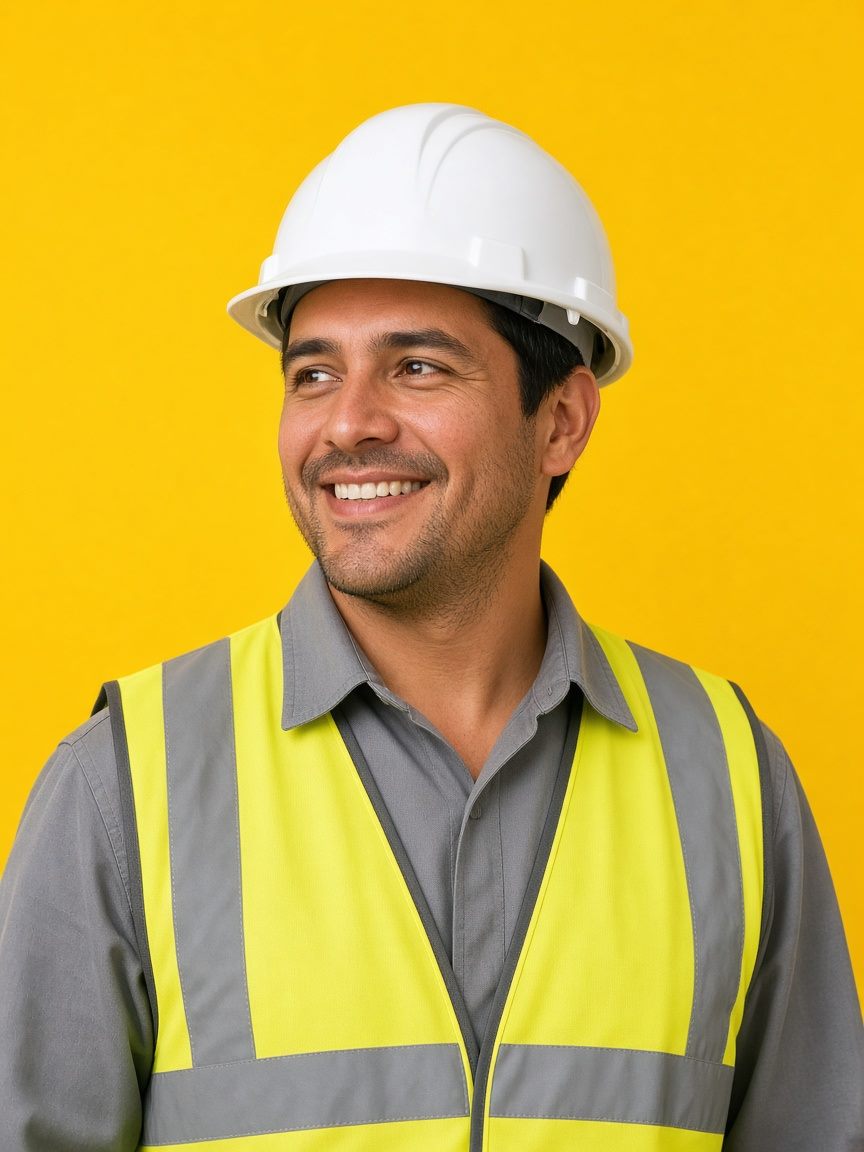 Capataz de obra con casco blanco y chaleco reflectante