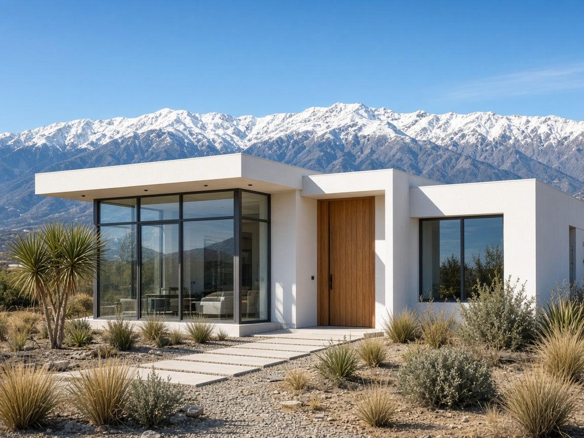 Casa blanca contemporánea con los Andes nevados de fondo