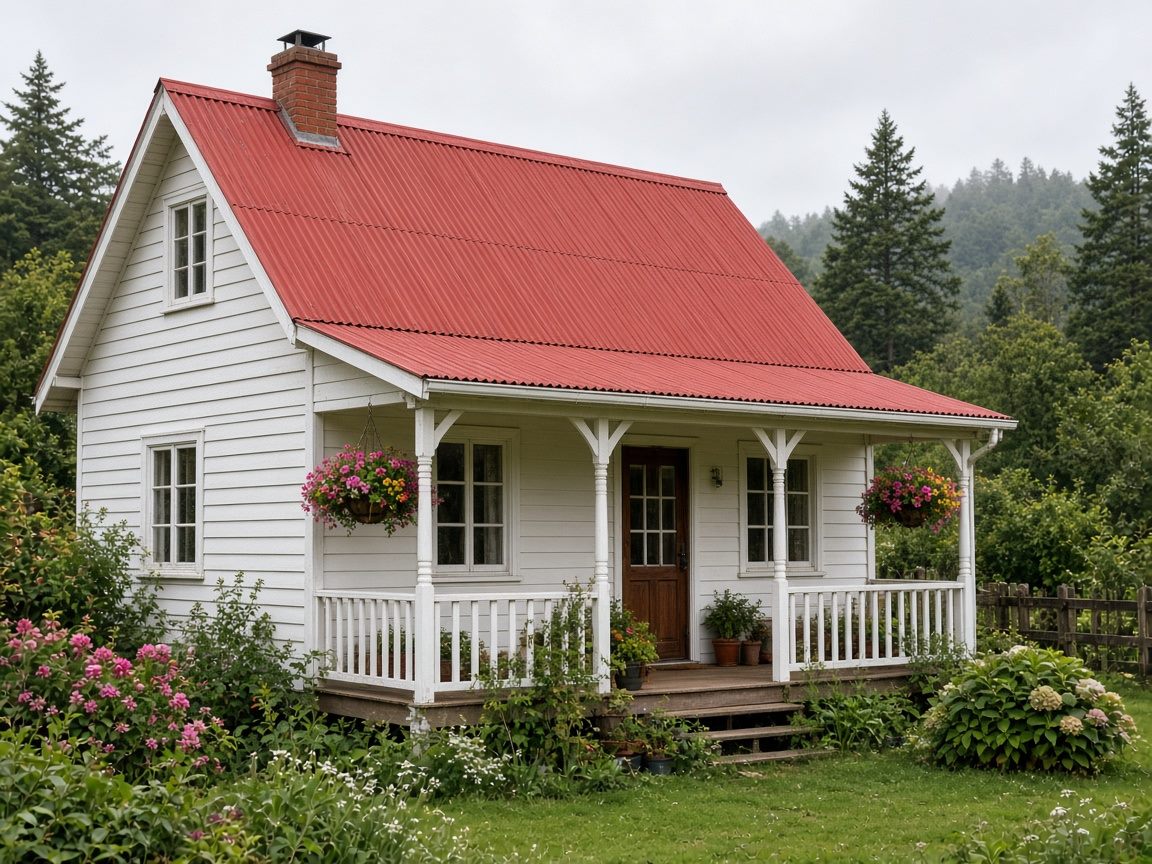 Casa de madera blanca con techo de zinc rojo en el sur de Chile