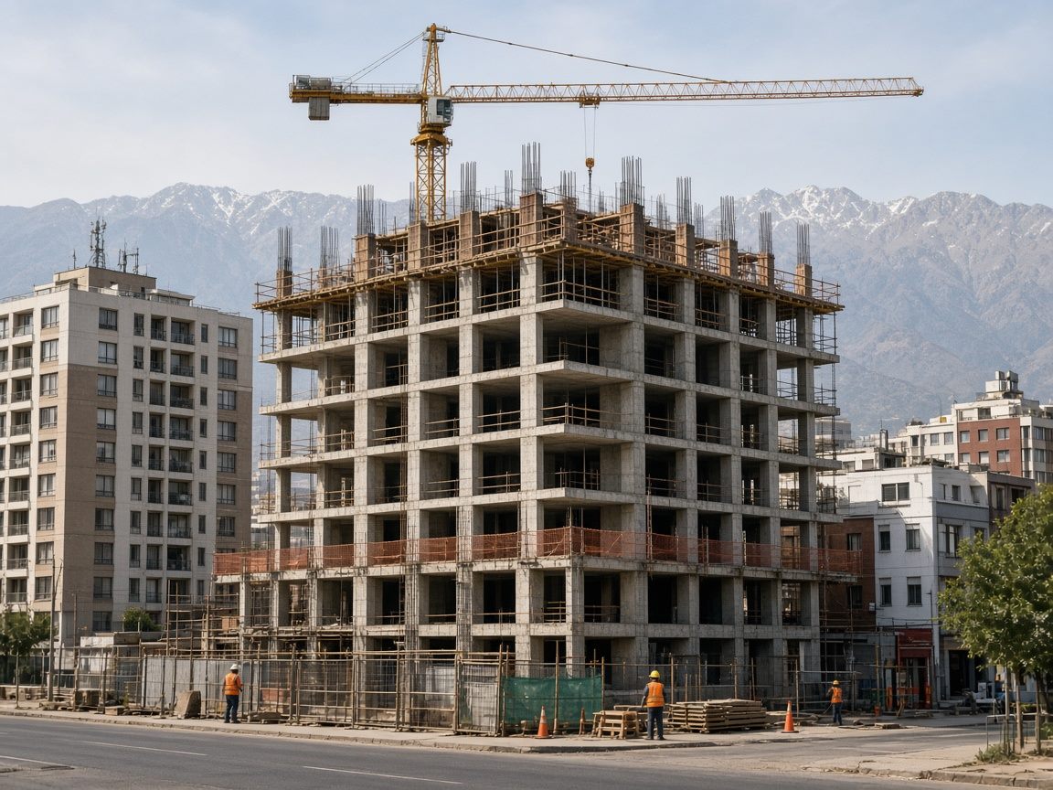 Edificio de hormigón en construcción en Santiago, con grúa y la cordillera detrás