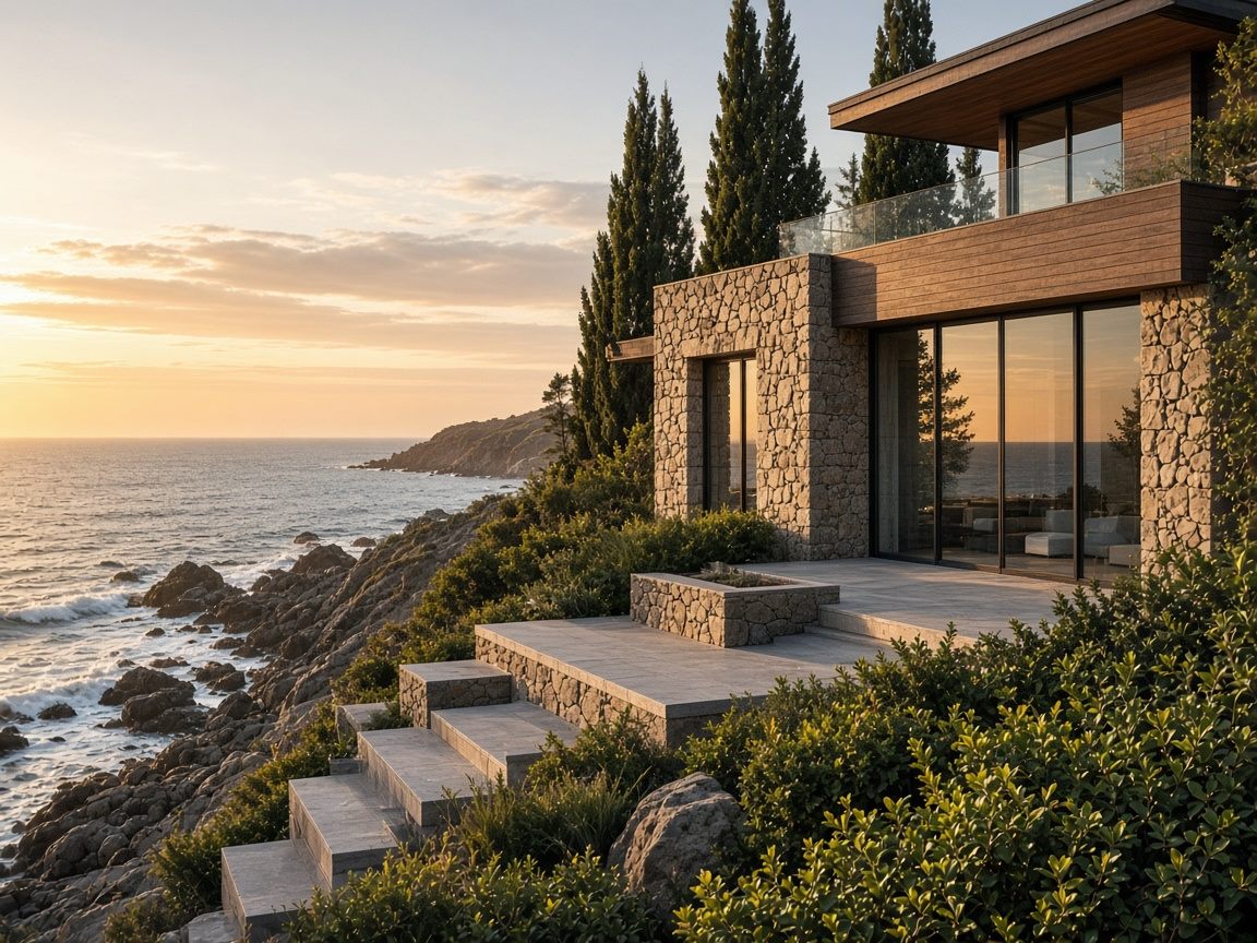 Villa de piedra y madera frente al Pacífico en la costa de Chile